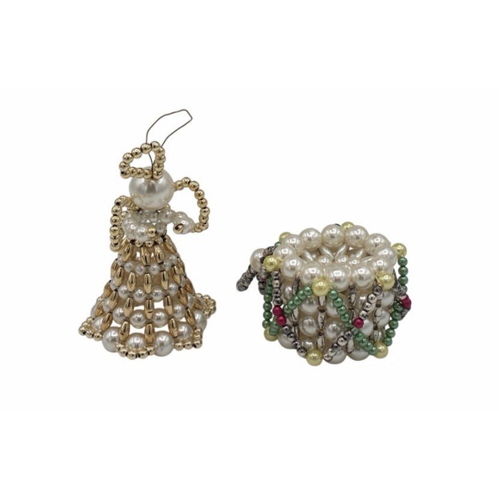 Vintage Handmade Beaded Christmas Ornaments Angel Gift Box Pearl Gold 2pc Set